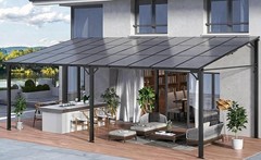 10×20FT Dark Brown Wall Mount Hardtop Gazebo Sloped Roof Patio Pergola Canopy