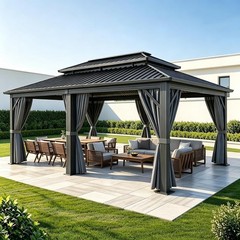 12x20ft Iron Hardtop Gazebo Double Metal Roof Mosquito Net Curtains Backyard