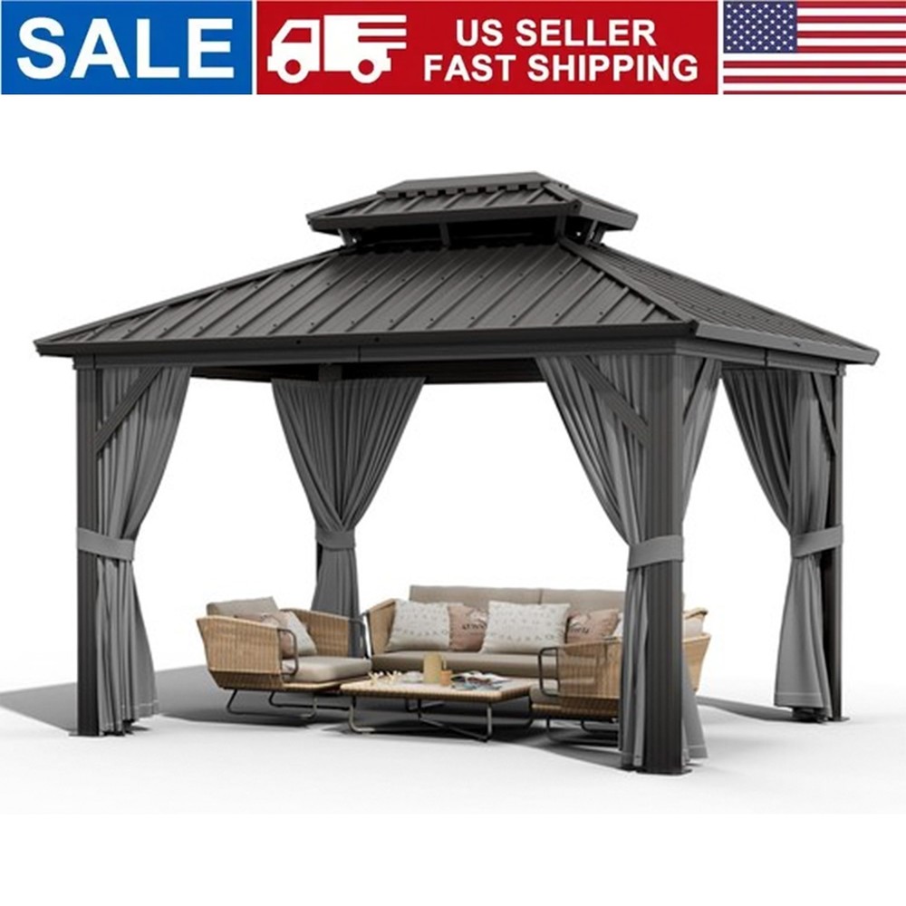 Double Roof Hardtop Patio Gazebo Heavy Duty Outdoor Pavilion w/Nettings 10x10FT