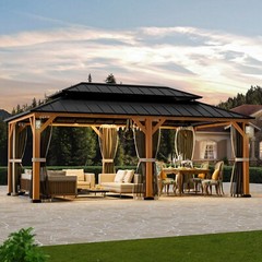 12&prime; x 20&prime; Outdoor Hardtop Gazebo Metal Double Roof With 4 LED Light Wood-Looking