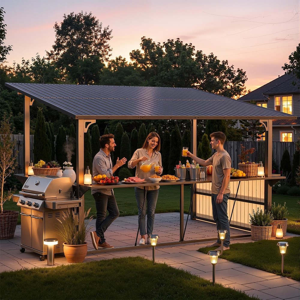 10 x 12 ft Metal Lean-to Hardtop Grill Gazebo with 3 Side Storage Shelves