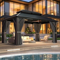10X14 0utdoor hardtop gazebo with mosquito Nettings,Curtains, Steel Double Roof