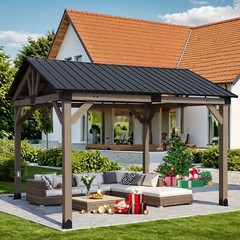 Aoodor 10&rsquo;x 12&prime; Hardtop Gazebo Outdoor Cedar Wooden Frame with Waterproof Socket