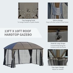 10×13 ft Hardtop Outdoor Gazebo with Curtains Netting Patio Pavilion Steel Roof