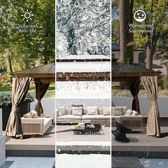Domi 12&rsquo;X 16&rsquo;Hardtop Gazebo Double Roof Canopy,w/Curtains&Netting(Wood Looking)