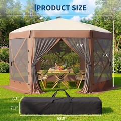 Gazebo Screen Tent 11x11FT 6-Sided Removable Canopy Bite-Proof Mesh Brown