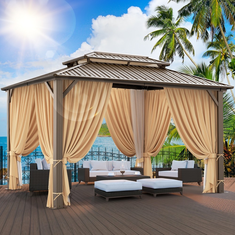 10×12 Hardtop Gazebo,Galvanized Steel Double Roof Patio Gazebo w/Curtain Netting