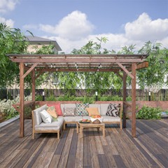 13&prime; x 6.5&prime; Wooden Pergola Grill Gazebo with Metal Roof & Bulbs & Bar Counters