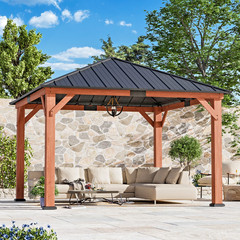 Cedar Wooden Gazebo 12&prime; x 12&prime; Galvanized Steel Hardtop Roof for Garden,Backyard