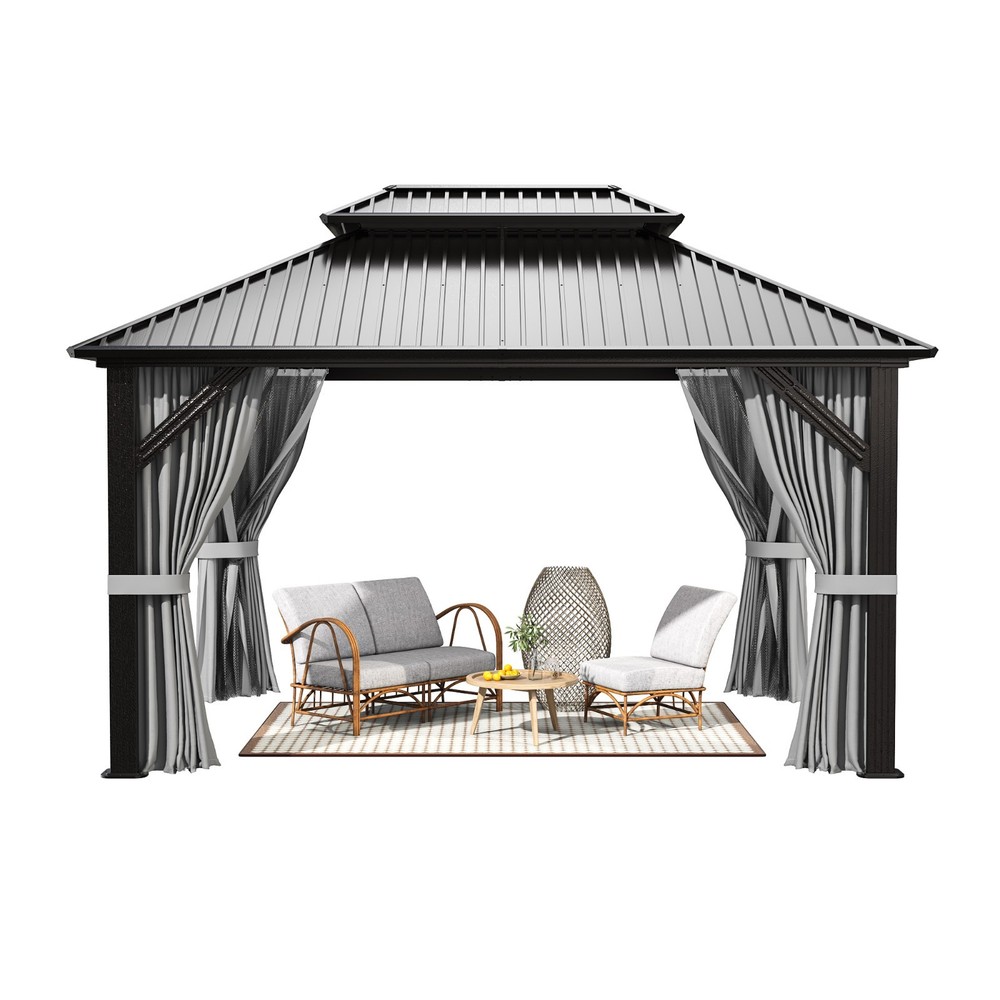 10×12 0utdoor hardtop gazebo with mosquito Nettings,Curtains, Steel Double Roof