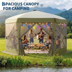 Gazebo Screen Tent 12x12FT 6-Sided Removable Canopy Bite-Proof Mesh Green