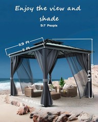 12x12Ft Heavy Duty Hardtop Gazebo Double Metal Roof Aluminum Frame w/Net Curtain