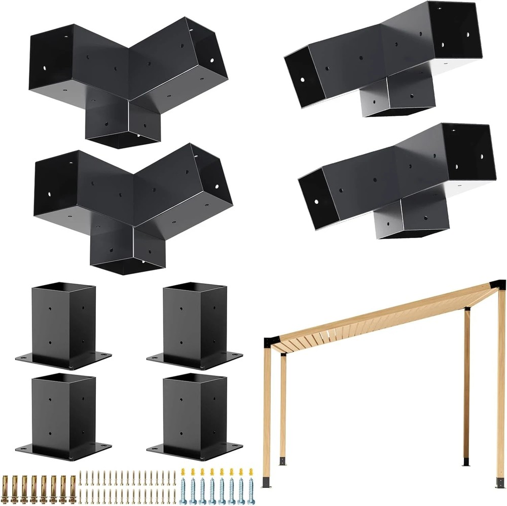 Pergola Kit, Slanted Roof Pergola Bracket, 3-Way Brackets with Post Base Kit, Lo