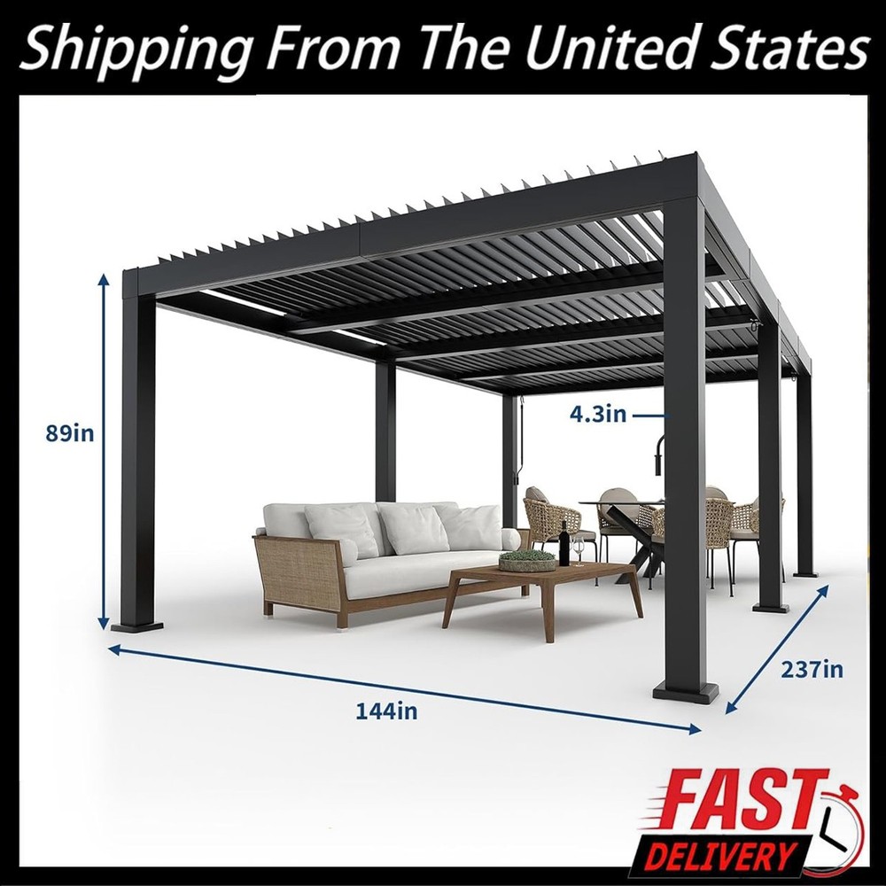 12 x 20 Ft Aluminum Pergola with Adjustable Louvered Roof, Modern Hardtop Gazebo