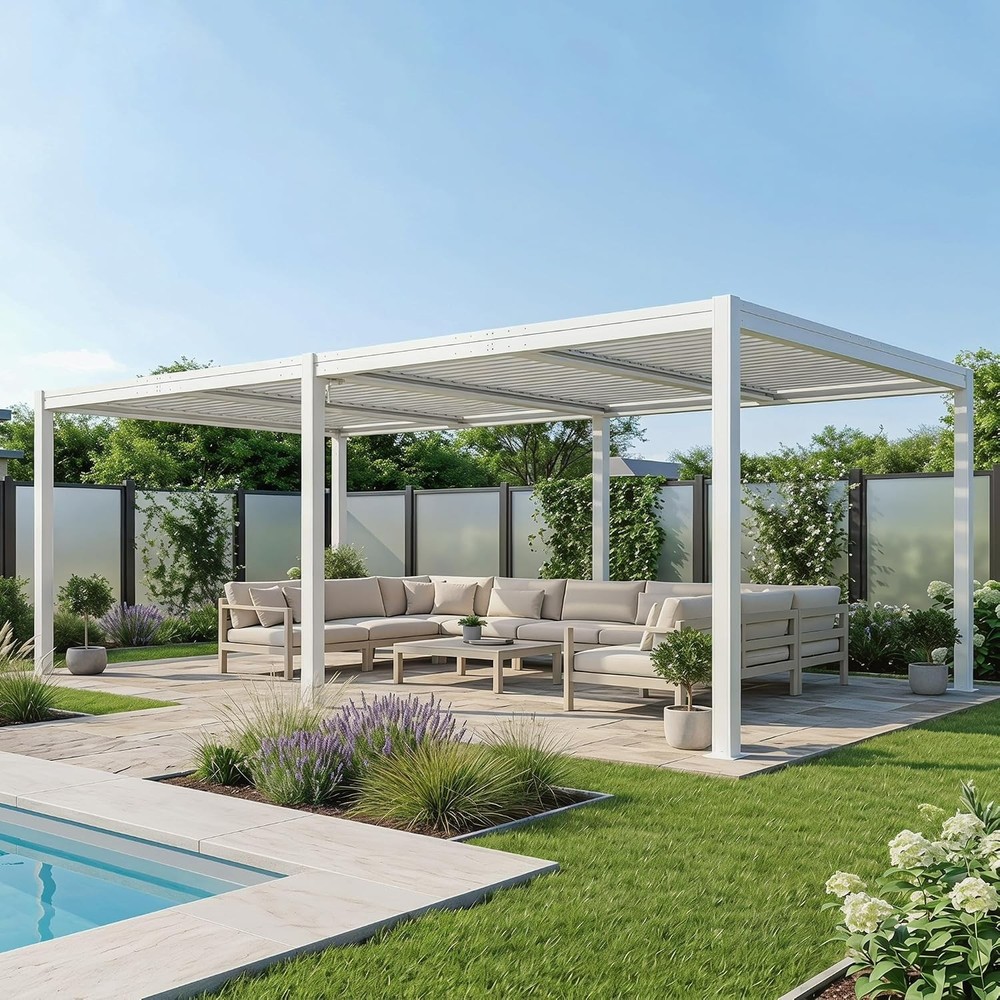 Domi 12x24FT Metal Louvered Pergola W/Adjustable Roof&Drainage System,White
