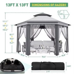 Pop Up Gazebo Hexagonal Outdoor Canopy Tent with Mosquito Netting dual vent roof