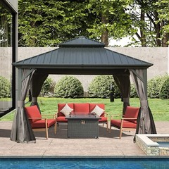 Domi 12’ x 12’ Hardtop Gazebo Outdoor Aluminum Gazebo w/Curtains and Net Gray