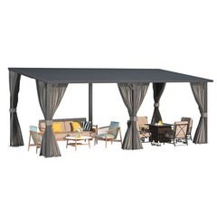 Wall Mounted Hardtop Gazebo Metal Lean to Pergola with Curtains Netting Patio