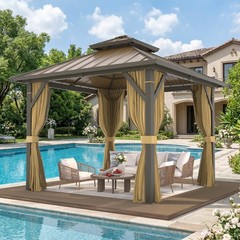 Hardtop Gazebo Heavy Duty Aluminum Galvanized Steel Double Roof w/ Netting