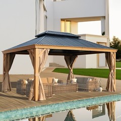 Aoodor 12&rsquo;x 16&prime; Hardtop Gazebo Wooden Grain Coated Aluminum 2-Tier Steel Roof