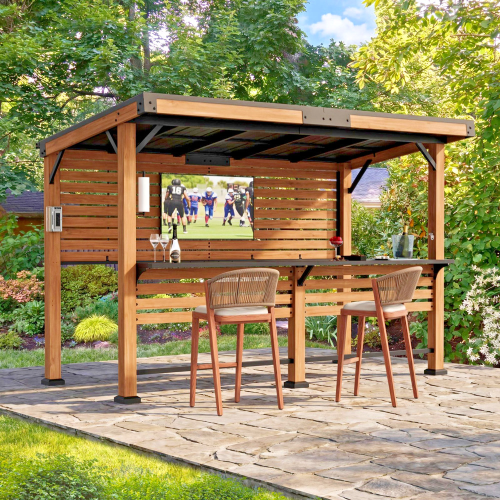 Outdoor 6&prime; X 12&prime; Cedar Wood Grill Gazebo Bar with TV Mount &USB-C Charging Ports