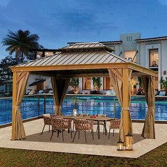 10&prime; x 12&prime; Hardtop Wood Grain Aluminum Gazebo,Double Roof w/Curtains&Netting