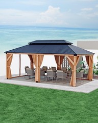 12&rsquo;x20&prime; Cedar Wood Hardtop Gazebo Double Galvanize Roof w/Curtain Nettiing,Garde
