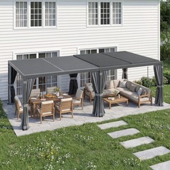 24×12 Ft Louvered Pergola Aluminum Gazebo w/ Curtains & Netting Adjustable Roof