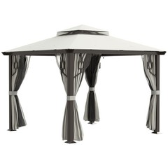 10&prime; Patio Gazebo, Mesh Netting, Curtains, 2-Tier Vented Canopy, Cream White