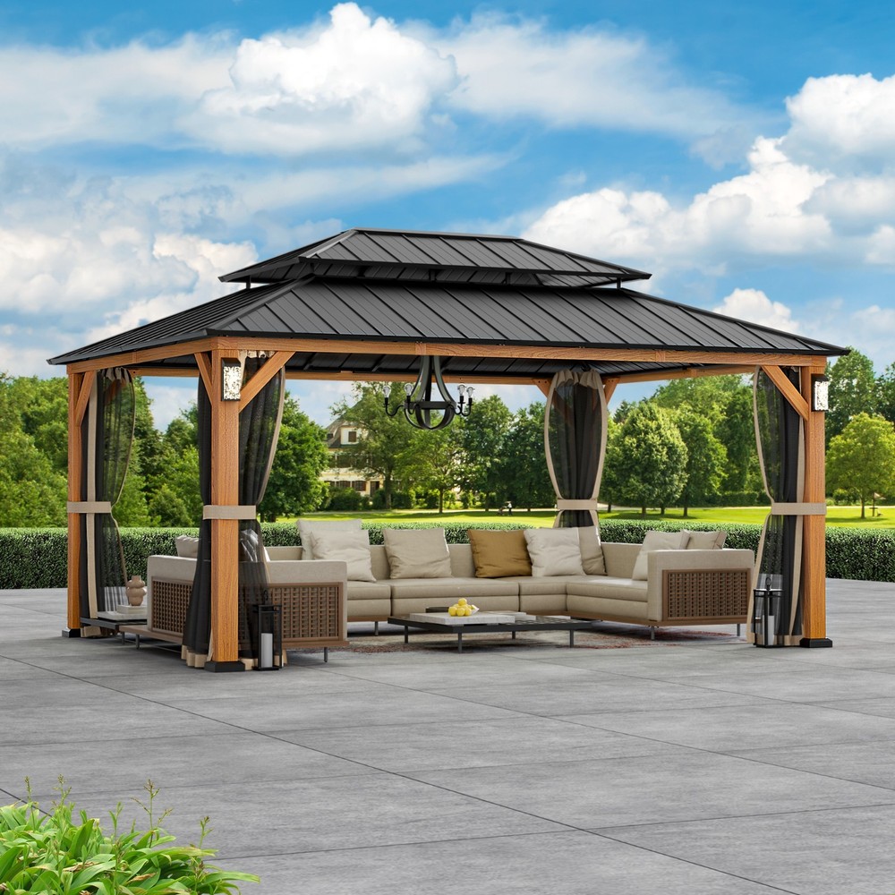 12 x 16 FT Outdoor Hardtop Gazebo Double Roof Wooden Looking w/ 4 LED Lights