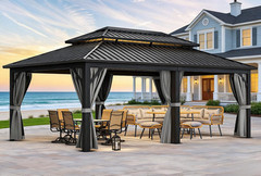 12x20ft Hardtop Metal Gazebo with Double Roof & Curtains for Patios & Decks