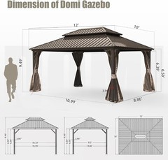 Domi 10’ x 12’ Hardtop Gazebo Outdoor Aluminum Gazebo w/Curtains and Net, Brown