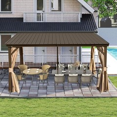Domi 10x14FT Hardtop Gazebo Against Wall w/Sloping Steel Roof,Curtains&Netting
