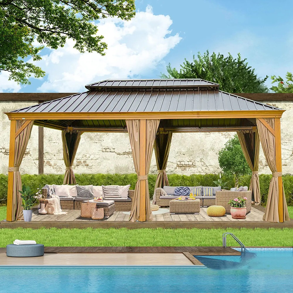 Domi 12&prime; x 20&prime; Outdoor Hardtop Gazebo Aluminum Wood Grain Frame w/Sidewalls