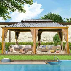 Domi 12&prime; x 20&prime; Outdoor Hardtop Gazebo Aluminum Wood Grain Frame w/Sidewalls