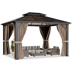 10×12 Hardtop Gazebo Double PC Roof Canopy W/Curtains and Net,Aluminum Frame