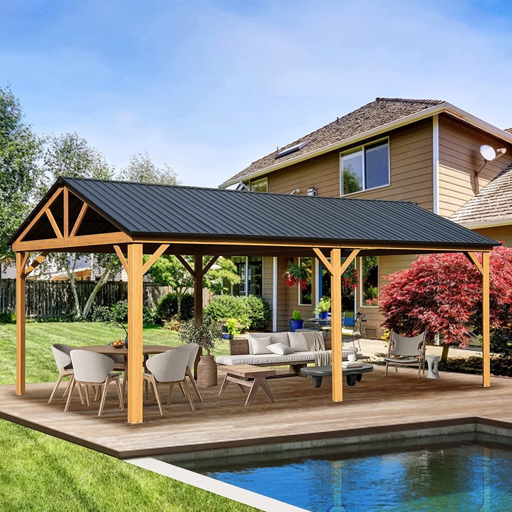 Domi 12&prime; x 20&prime; Outdoor Hardtop Gazebo Wood Grain Aluminum Teaked Frame