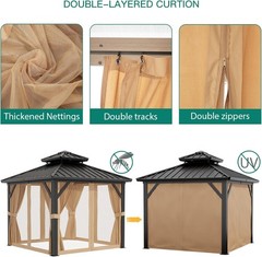 10×10 FT Hardtop Gazebo,Galvanized Aluminum Framed Double Roof Netting & Curtain