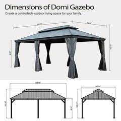 Domi 12x20Ft Hardtop Gazebo Double Roof w/Curtain&Netting,Built-in gutter system