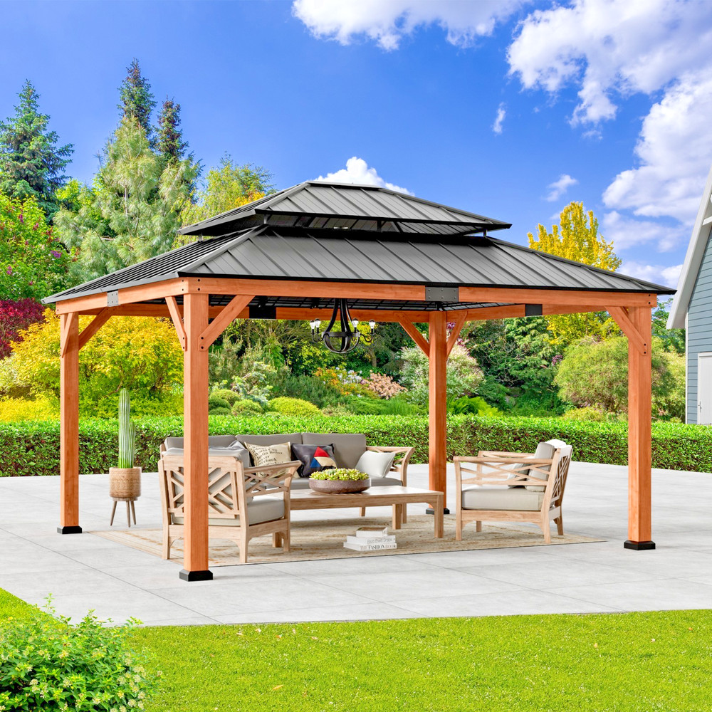Outdoor Gazebo 13&prime; x 15&prime; Cedar Framed Double Galvanized Steel Roof for Backyard