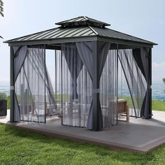 12×14&Prime; Aluminum Hardtop Gazebo, Metal Double Roof Canopy with Curtains & Netting