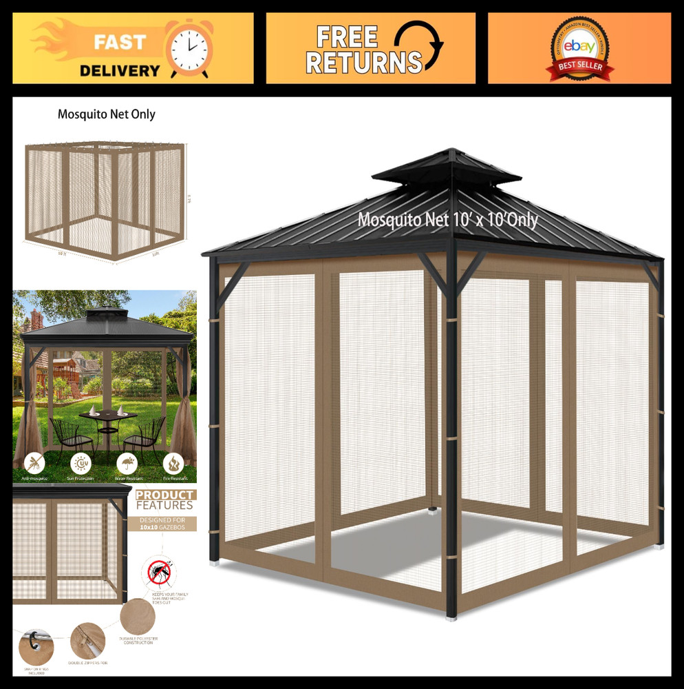 Universal 10&prime; x 10&prime; Mosquito Netting Screen for Gazebo, Patio, Canopy, Garden –
