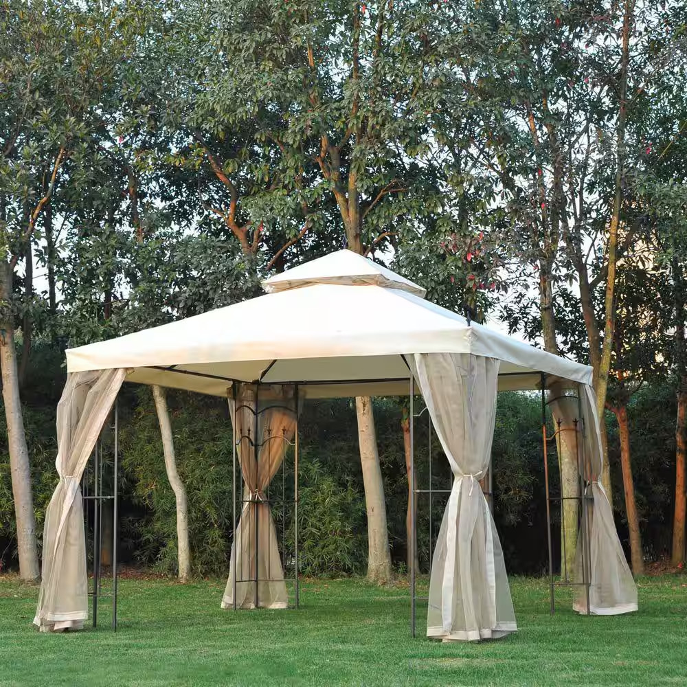 10 Ft. X 10 Ft. X 9 Ft. Steel Outdoor Weather Resistant Garden Gazebo with Mesh