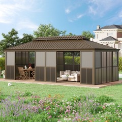 24×12 FT Outdoor Hardtop Gazebo Sunroom Solarium Sliding Doors Mesh Screen