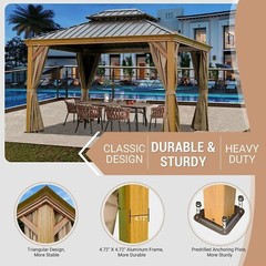 10&prime; x 12&prime; Hardtop Wood Grain Aluminum Gazebo,Double Roof w/Curtains&Netting