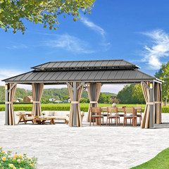 12&prime; x 24&prime; Hardtop Gazebo Outdoor Metal Double Roof With 4 LED Light and Curtains
