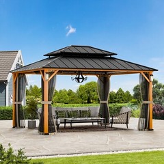 The Horizon Permanent Hardtop Gazebo 12&prime; x 14&prime; w/ 4 LED Lights, Wood-Looking