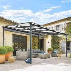 Patio Metal Pergola Gazebo Wall-Mounted Shelter Rectangle SunShade W/ Hard Top