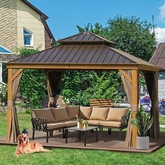 Domi 12&prime; x 12&prime; Hardtop Gazebo Outdoor Aluminum Gazebos Wood Grain Double Canopy