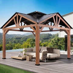 Outdoor 12’ x 12’ Cedar Wooden Gazebo Hardtop Heavy Duty Steel Roof for Deck